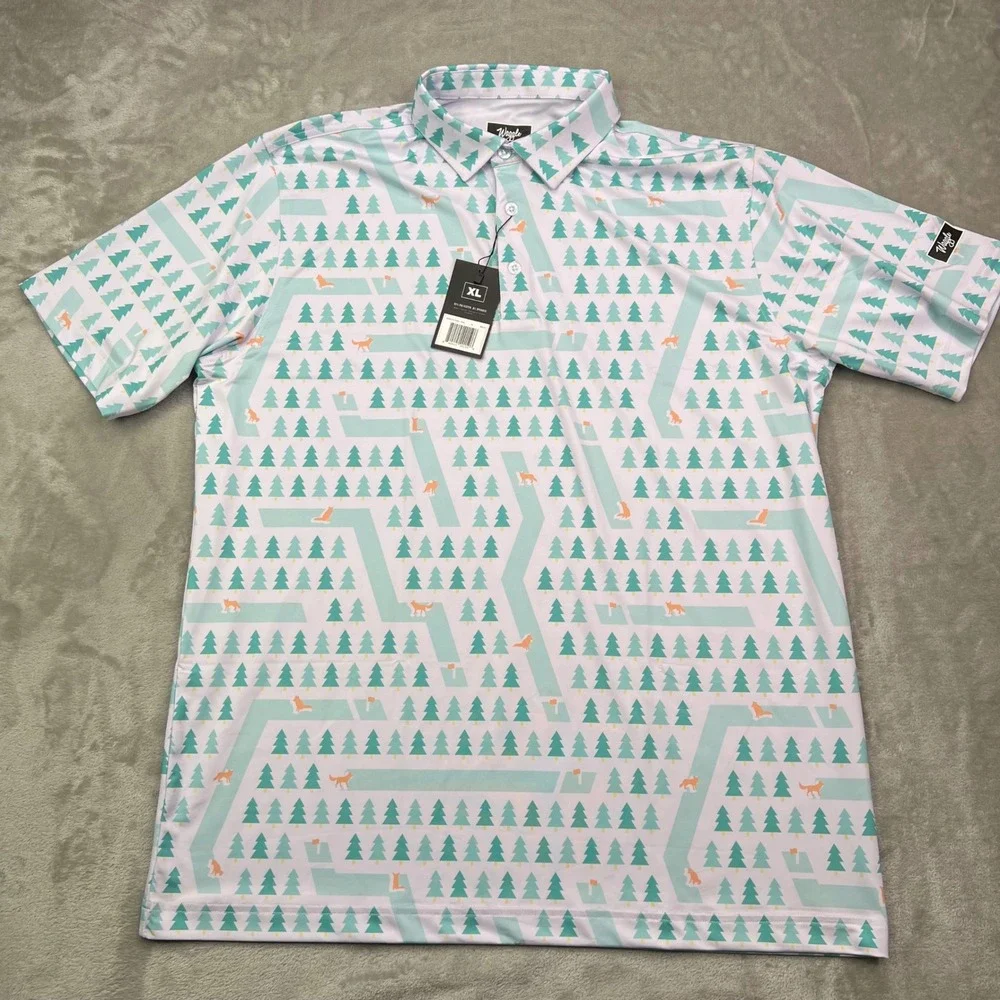 Waggle Fox Holes Polo Shirt Mens XL White Green Fox Print Performance Stretch - Picture 5 of 9